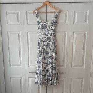 Caroline Constas White and Blue Floral Midi Dress